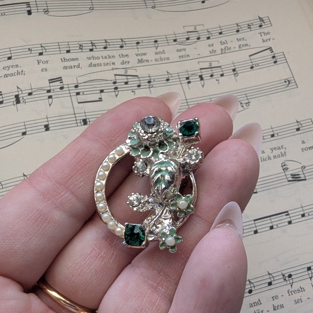 Elegant Silver and Green Floral Brooch